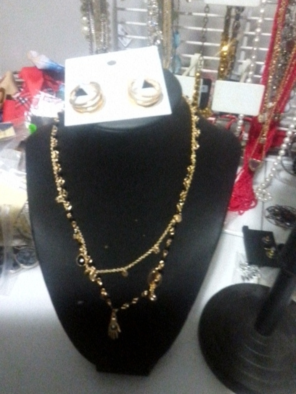 Gold Layered Charm Necklace with Black Accents - Women Jewelry
